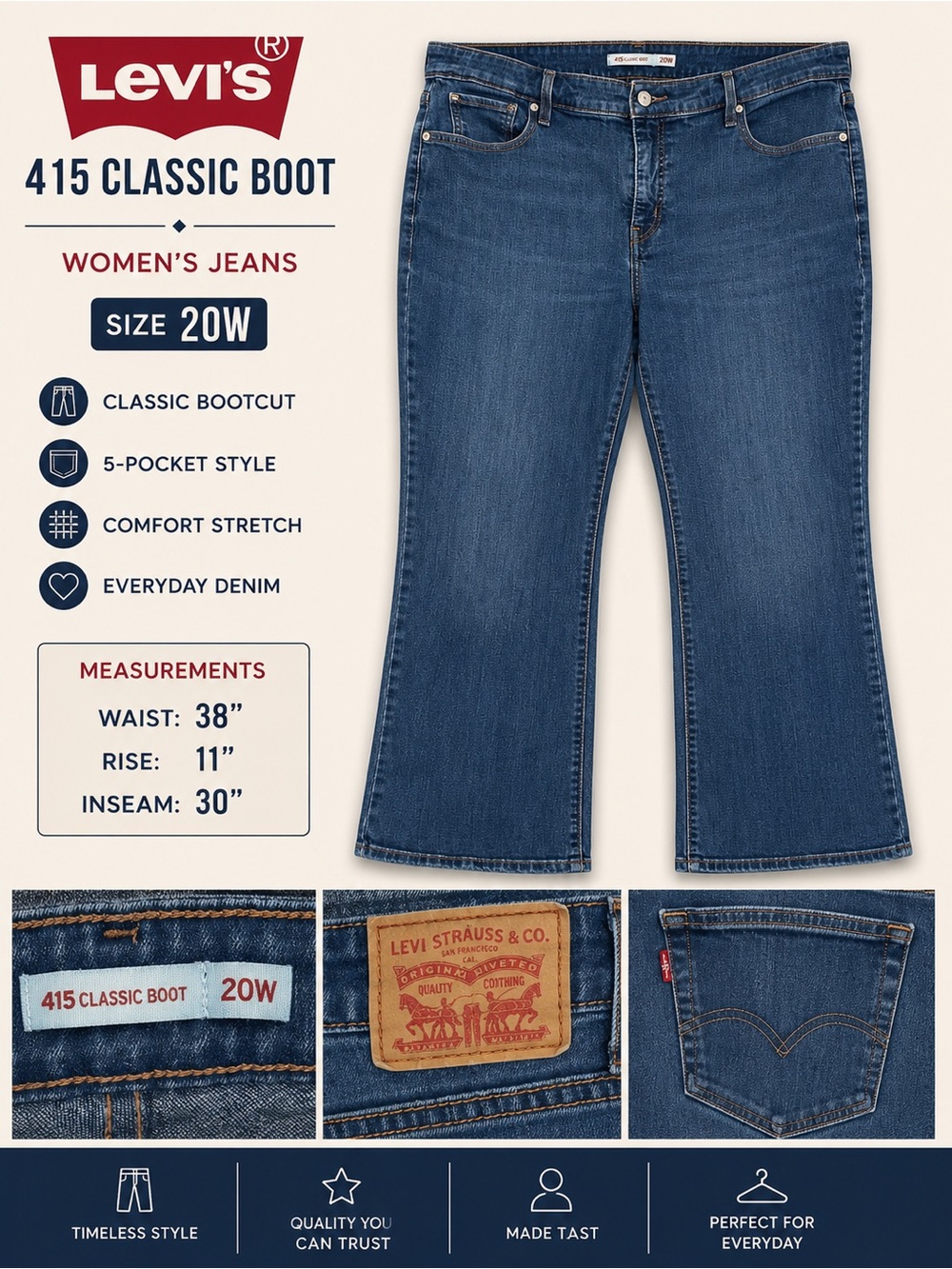 Levi's 415 Classic Bootcut Jeans Women’s 20W Blue Stretch Denim Plus Size